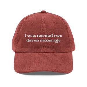 May include: A brick-red corduroy baseball cap with a curved brim. The cap features the embroidered text "i was normal two devon rexes ago" in white. The cap has a six-panel design with a top button.