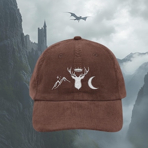 SJM Universe hat TOG ACOTAR Crescent City Vintage Corduroy Embroidery Cap Sjm Licensed merch Throne of glass Velaris Lunathion gift for her