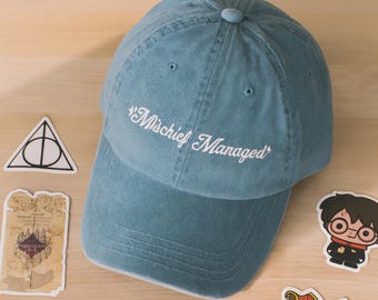 Mischief Managed Denim Hat The Marauders Embroidered cap Moony Wizard Wizarding World Fan gift Bookish fantasy reader hat booktok merch