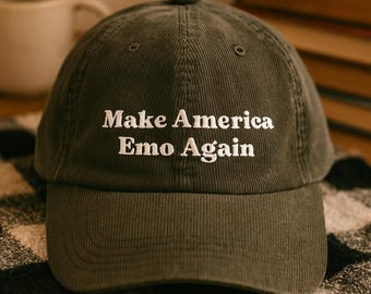 Make America Emo Again Hat Embroidered Corduroy Cap Emo Goth Alt Aesthetic Adjustable Unstructured Vintage Sadcore Edgy Cotton Dad Hat