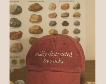 Easily Distracted By Rocks Vintage Hat Funny Geology Lover Gift Rockhound Trucker Cap Mineral Collector Embroidered Hat Nature Rock Fan Cap
