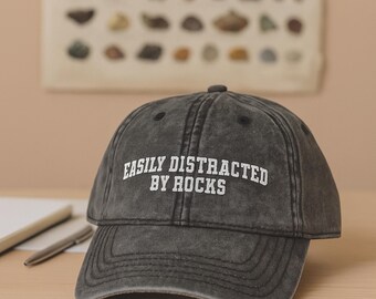 Easily Distracted By Rocks Vintage Hat Funny Geology Lover Gift Rockhound Trucker Cap Mineral Collector Embroidered Hat Nature Rock Fan Cap