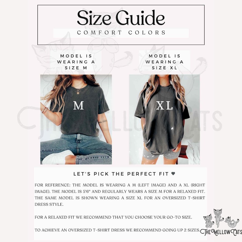 May include: Size guide for t-shirts with two models wearing different sizes. The model on the left is wearing a size M and the model on the right is wearing a size XL. The text says "Let's pick the perfect fit".