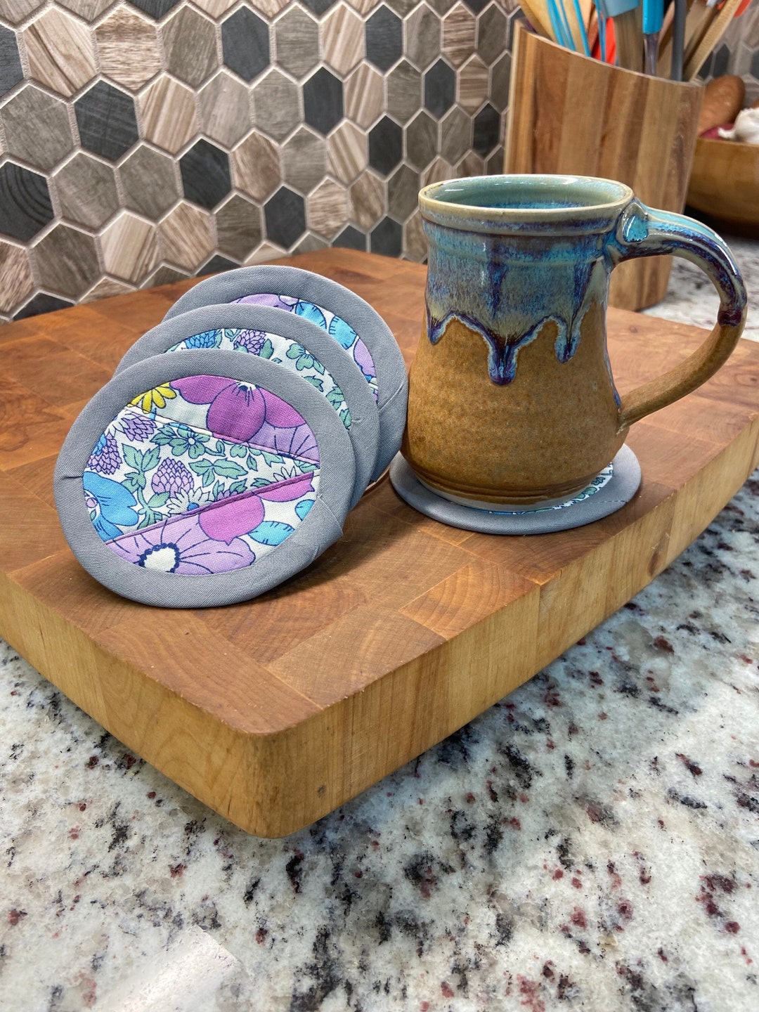 Vintage Fabric Coaster Set Round Fabric Coasters Handmade Etsy