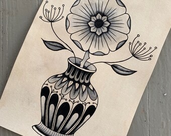 Blomvas Traditionell Tatuering Flash Originalmålning