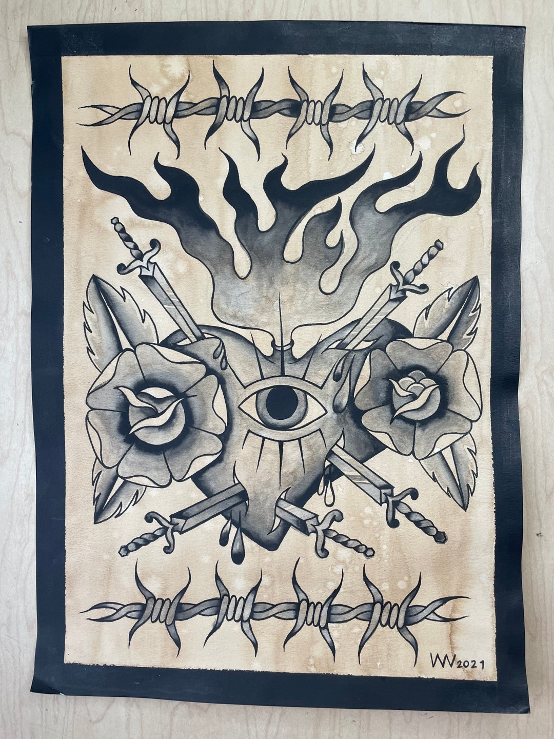 Sacred Heart Traditional Tattoo Original Flash Painting - Etsy
