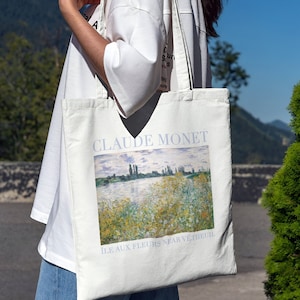 Claude Monet Cotton Canvas Tote Bag | &quot;Île aux Fleurs near Vétheuil&quot; | Art Tote Gift