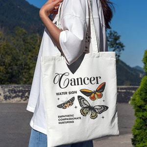 Cancer Zodiac Canvas Tote Bag, Horoscope Astrology Butterfly Design, Trendy Aesthetic Handbag