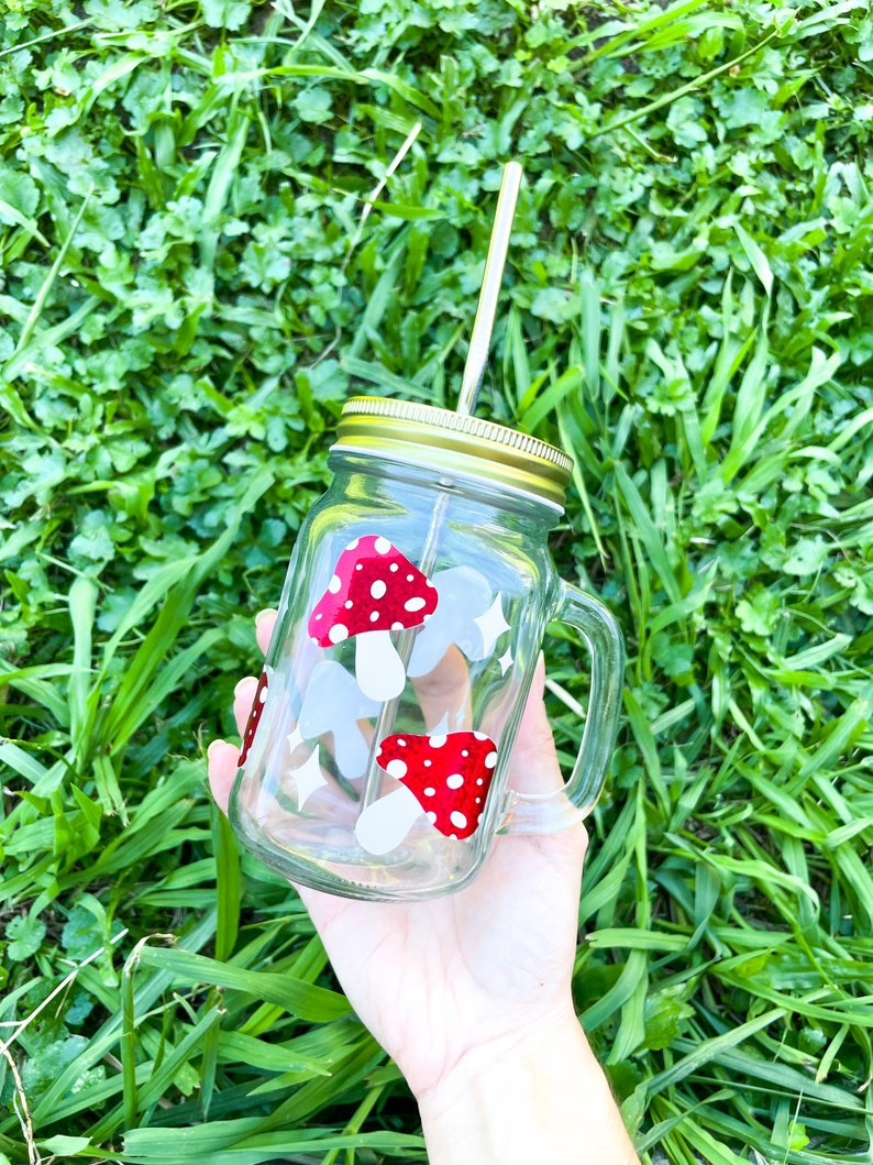 Red Mushroom Glass Mushroom Mason Jar Mason Jar Glass Iced Etsy