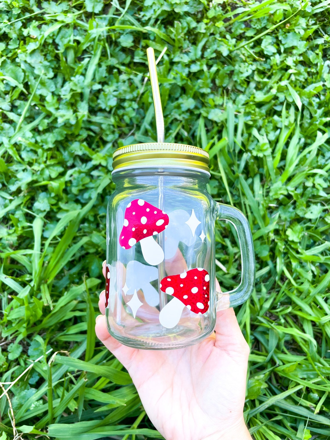 Red Mushroom Glass Mushroom Mason Jar Mason Jar Glass Iced Etsy