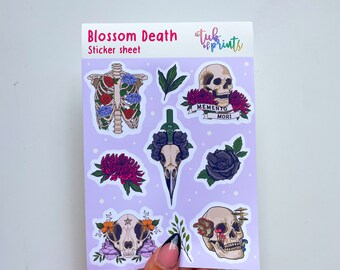 Blossom Death Sticker sheet, Skulls and Flowers, Gothic Sticker Sheet, Oddity Stickers, Skeleton Stickers, Floral Stickers, Planner Stickers