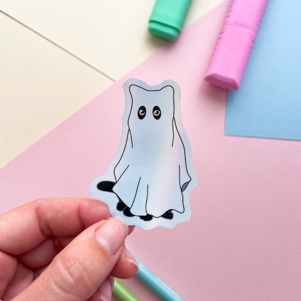 Cat Ghost Sticker, Cute Cat Sticker, Holographic Sticker, Halloween Sticker, Waterproof Stickers, Laptop Stickers, Spooky Stickers