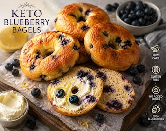 Bagels de mirtilo cetogênicos, baixo teor de carboidratos, sem açúcar, 5 g de carboidratos líquidos, alternativa para diabéticos.