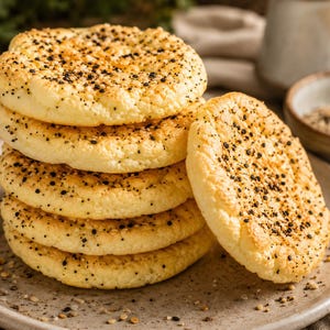 May include: A stack of golden-brown, round baked goods, speckled with black seasoning, sits on a speckled plate. One piece rests separately. The baked goods appear fluffy and light, suggesting a bread or pastry.