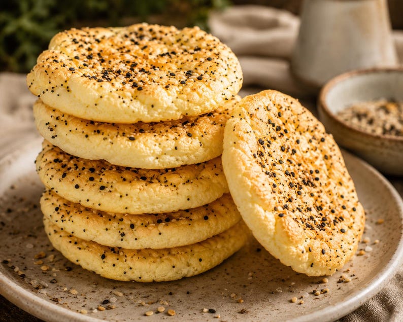 May include: A stack of golden-brown, round baked goods, speckled with black seasoning, sits on a speckled plate. One piece rests separately. The baked goods appear fluffy and light, suggesting a bread or pastry.