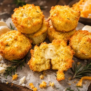 May include: A group of golden-brown savory cheese muffins with a crispy exterior and a soft, melted cheese center. The muffins are garnished with fresh green rosemary sprigs and accompanied by small cubes of white cheese and shredded orange cheese.