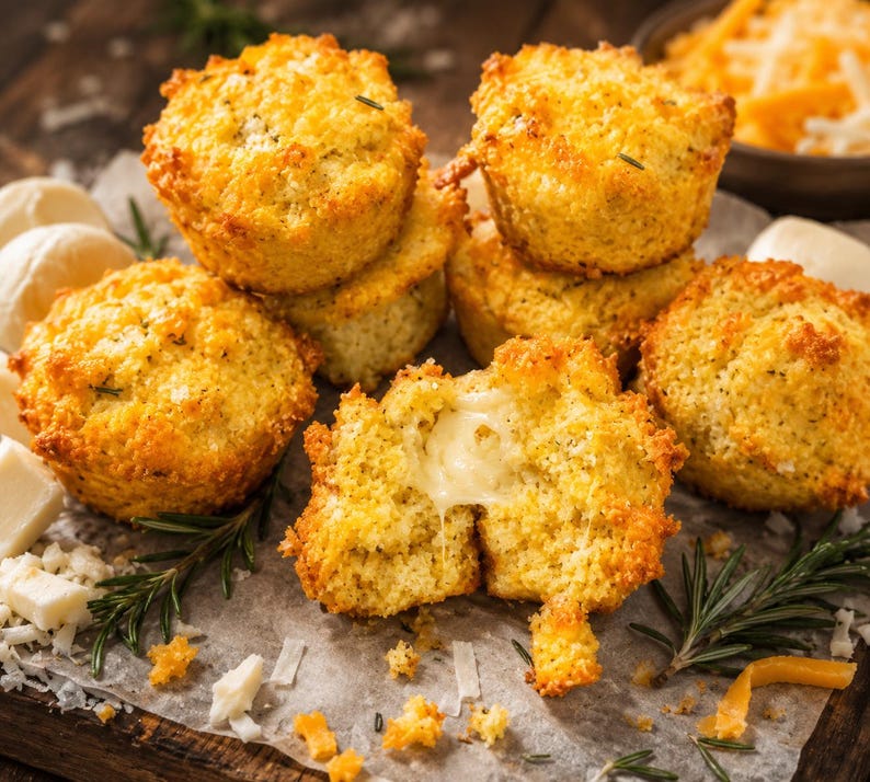 May include: A group of golden-brown savory cheese muffins with a crispy exterior and a soft, melted cheese center. The muffins are garnished with fresh green rosemary sprigs and accompanied by small cubes of white cheese and shredded orange cheese.