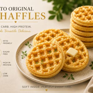 Keto Chaffles | Lågkolhydratinnehåll, Sockerfri, Diabetikervänlig, 1,4 g nettokolhydrater, 6-pack, Chokladbitar, Pumpa, Vanilj