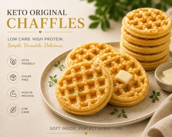 Keto Chaffles | Low Carb, Sugar Free, Diabetic Friendly, 1.4g Net Carbs, 6 Pack, Chocolate Chip, Pumpkin, Vanilla
