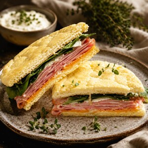 May include: Two halves of a sandwich on a speckled plate. The sandwich features layers of ham, cheese, and spinach between two slices of golden-brown bread. A small bowl of white dip and sprigs of herbs are in the background.