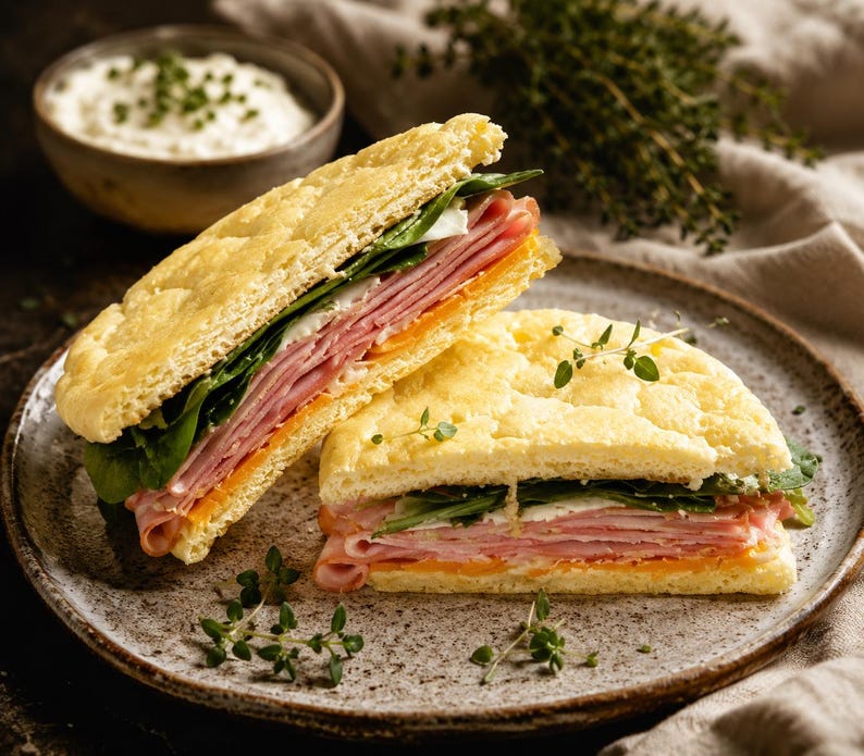 May include: Two halves of a sandwich on a speckled plate. The sandwich features layers of ham, cheese, and spinach between two slices of golden-brown bread. A small bowl of white dip and sprigs of herbs are in the background.