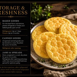 May include: A plate of golden-yellow baked goods with a textured surface. The image also features text about storage and freshness, including refrigeration and freezing guidelines for baked goods, canned goods, and jams.