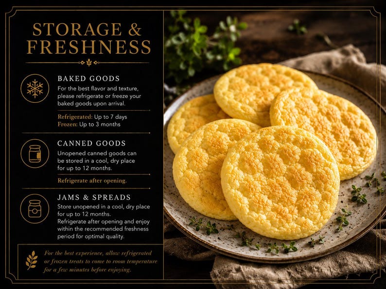 May include: A plate of golden-yellow baked goods with a textured surface. The image also features text about storage and freshness, including refrigeration and freezing guidelines for baked goods, canned goods, and jams.