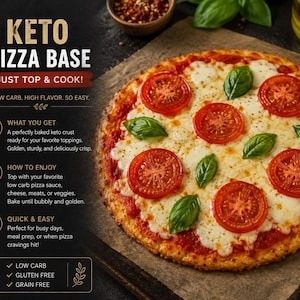 May include: A round keto pizza base topped with melted white cheese, sliced red tomatoes, and green basil leaves. The text on the left reads KETO PIZZA BASE, JUST TOP & COOK!, LOW CARB. HIGH FLAVOR. SO EASY., WHAT YOU GET, HOW TO ENJOY, QUICK & EASY, LOW CARB, GLUTEN FREE, GRAIN FREE.