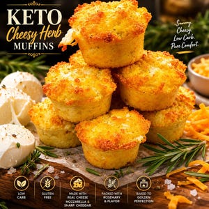 May include: A stack of golden-brown keto cheesy herb muffins with visible cheese and herbs. Text reads: KETO Cheesy Herb MUFFINS, Savory. Cheesy. Low Carb. Pure Comfort. Icons indicate: Low Carb, Gluten Free, Real Cheese, Rosemary, Baked.