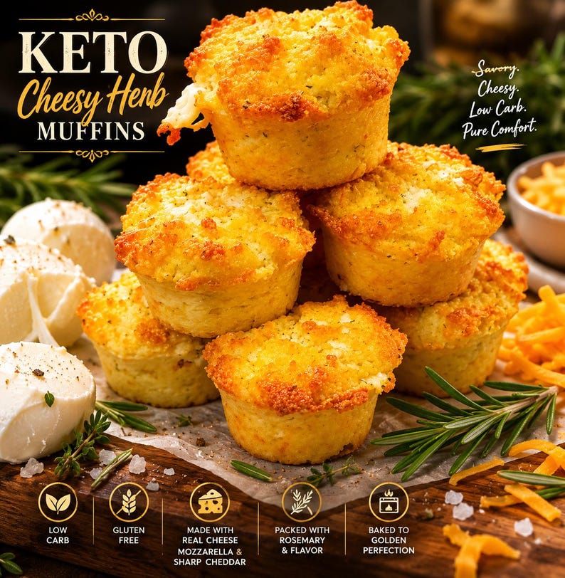 May include: A stack of golden-brown keto cheesy herb muffins with visible cheese and herbs. Text reads: KETO Cheesy Herb MUFFINS, Savory. Cheesy. Low Carb. Pure Comfort. Icons indicate: Low Carb, Gluten Free, Real Cheese, Rosemary, Baked.