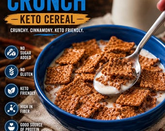 Keto cinnamon crunch breakfast cereal, low carb, sugar-free, diabetic, healthy, 3.1g net carbs per 1/2 cup serving.