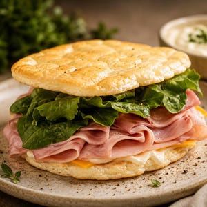 May include: A sandwich on a beige plate. The sandwich has a golden-brown bun, layered with ham, green leafy vegetables, and cheese. A small bowl of white sauce is in the background.