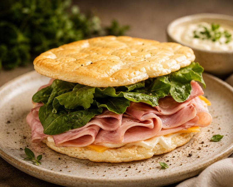 May include: A sandwich on a beige plate. The sandwich has a golden-brown bun, layered with ham, green leafy vegetables, and cheese. A small bowl of white sauce is in the background.