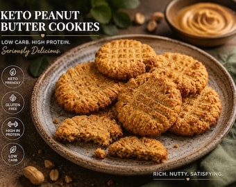 Keto pindakaaskoekjes, 2,5 g netto koolhydraten per koekje, suikervrij, geschikt voor diabetici, koolhydraatarm, glutenvrij.