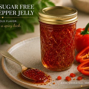 May include: A jar of Keto Sugar Free Red Pepper Jelly with a gold lid, next to a red bell pepper and slices. A spoon with jelly rests on a plate. The text reads "Sweet with a spicy kick."