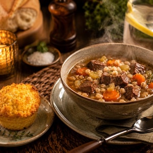May include: A steaming bowl of beef and barley soup with chunks of meat, sliced carrots, and celery in a savory broth, served alongside a golden-brown corn muffin on a small plate with a silver spoon resting on a linen napkin nearby.