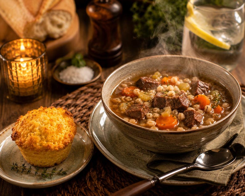 May include: A steaming bowl of beef and barley soup with chunks of meat, sliced carrots, and celery in a savory broth, served alongside a golden-brown corn muffin on a small plate with a silver spoon resting on a linen napkin nearby.