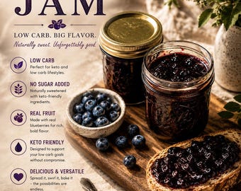 Keto blueberry jam, 2.3g net carbs per serving, low carb, diabetic, sugar-free. 8oz bottle. Just Real Berries & Clean Ingredients.