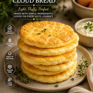 May include: A stack of golden-brown Keto Cloud Bread on a speckled plate. The image includes text that reads "Keto Cloud Bread", "Light. Fluffy. Perfect.", and "Deliciously Soft. Endlessly Versatile." Additional text indicates the bread is Keto-friendly, gluten-free, high in protein, sugar-free, and low carb.