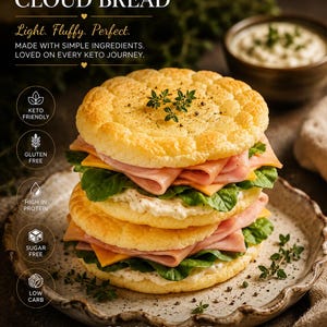May include: A stacked keto cloud bread sandwich with ham, cheese, and spinach on a rustic plate. The sandwich is made with light, fluffy bread and is labeled as keto-friendly, gluten-free, high in protein, sugar-free, and low carb.