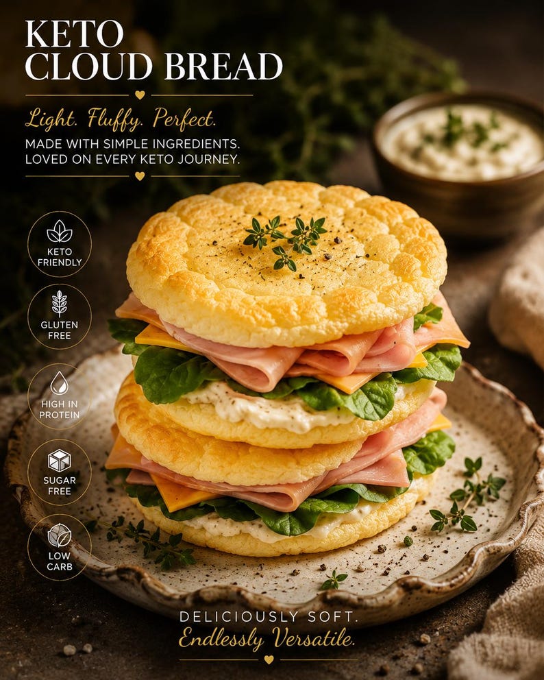 May include: A stacked keto cloud bread sandwich with ham, cheese, and spinach on a rustic plate. The sandwich is made with light, fluffy bread and is labeled as keto-friendly, gluten-free, high in protein, sugar-free, and low carb.