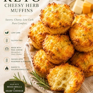May include: A stack of golden-brown keto cheesy herb muffins with visible rosemary and melted cheese. Text reads: KETO CHEESY HERB MUFFINS, Savory. Cheesy. Low Carb. Pure Comfort. LOW CARB, GLUTEN FREE, MADE WITH REAL CHEESE, PACKED WITH ROSEMARY & FLAVOR.