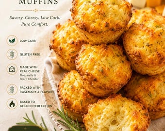 Op de afbeelding: Een stapel goudbruine keto kaas-kruidenmuffins met zichtbare rozemarijn en gesmolten kaas. De tekst luidt: KETO CHEESY HERB MUFFINS, Savory. Cheesy. Low Carb. Pure Comfort. LOW CARB, GLUTEN FREE, MADE WITH REAL CHEESE, PACKED WITH ROSEMARY & FLAVOR.