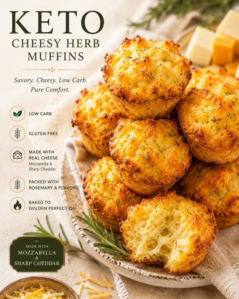 May include: A stack of golden-brown keto cheesy herb muffins with visible rosemary and melted cheese. Text reads: KETO CHEESY HERB MUFFINS, Savory. Cheesy. Low Carb. Pure Comfort. LOW CARB, GLUTEN FREE, MADE WITH REAL CHEESE, PACKED WITH ROSEMARY & FLAVOR.