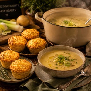 May include: A large cream-colored enameled cast iron pot filled with steaming potato leek soup, accompanied by a bowl of the same soup, a silver spoon, and several golden-brown baked muffins on plates, with leeks and a sign reading SIMPLE INGREDIENTS WARM HEARTS.
