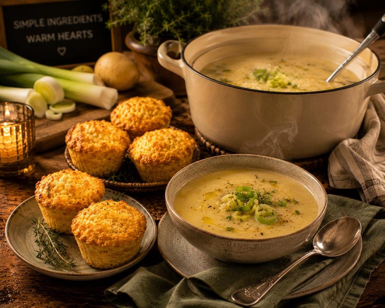 May include: A large cream-colored enameled cast iron pot filled with steaming potato leek soup, accompanied by a bowl of the same soup, a silver spoon, and several golden-brown baked muffins on plates, with leeks and a sign reading SIMPLE INGREDIENTS WARM HEARTS.