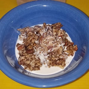 Keto granola breakfast cereal, low carb, sugar-free, diabetic friendly, keto muesli, 3g net carbs per serving, 9 servings per bag.