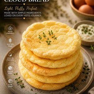 May include: A stack of golden-brown keto cloud bread on a gray plate, garnished with sprigs of thyme. The image includes text that reads "Keto Cloud Bread" and highlights that it is keto-friendly, gluten-free, high in protein, sugar-free, and low carb.