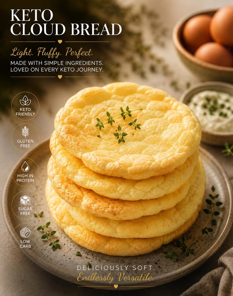 May include: A stack of golden-brown keto cloud bread on a gray plate, garnished with sprigs of thyme. The image includes text that reads "Keto Cloud Bread" and highlights that it is keto-friendly, gluten-free, high in protein, sugar-free, and low carb.