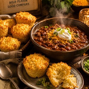 May include: A dark ceramic bowl filled with steaming chili topped with shredded cheddar cheese, a dollop of sour cream, and sliced green onions. Beside it sits a basket and a small plate containing golden-brown corn muffins and a silver spoon.